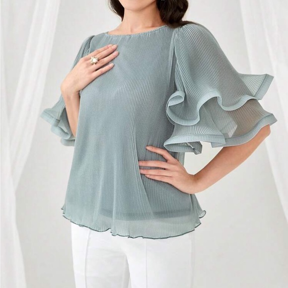 Elegant Sheer Ruffle Bell Sleeve Office Work EveningTop Blouse Shirt - Picture 3 of 6